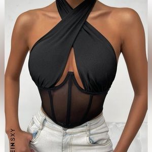 SHEIN Sheer Mesh Cutout Tied Backless Crop Top
